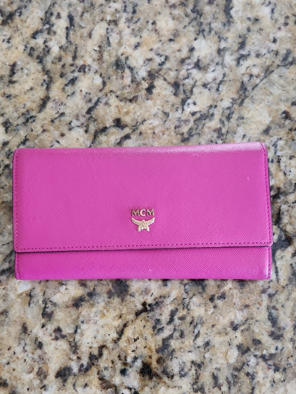 MCM Hot Pink Saffiano Leather Flap Wallet with Gold Logo